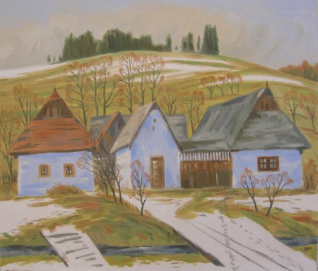 Chalupy na konci Jasenovej, olej, 1988, 60x70