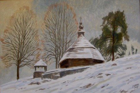 Inovce, gréckokatolícky chrám v zime, olej, 2009, 50x75