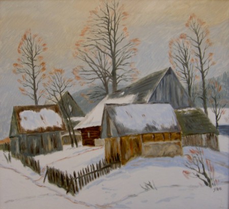 Zasnezené chalupy v Novoti, olej, 55x60