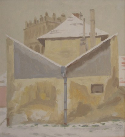 Zasnežená zvonica v Kežmarku, olej, 55x60