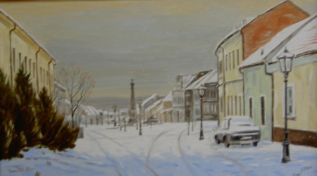 Zasnežené námestie vo Svätom Juri, pohľad dolu, olej, 2005, 45x75 